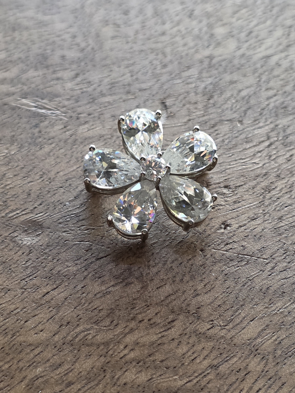 Clear Crystal Flower Brooch - Silver Tone